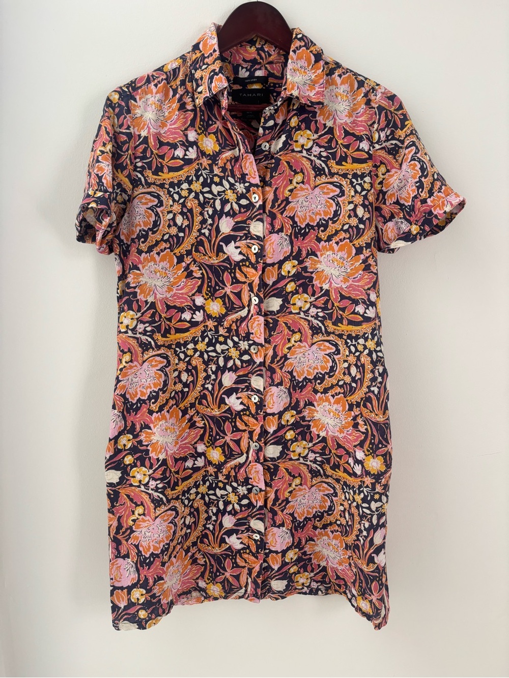 Tahari Navy Floral Linen Shirt Dress with Pink & Orange Blooms